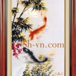 桃の花の刺繍絵　＝おしどり34＝SHVN 1034-75cm x 50cm (2)